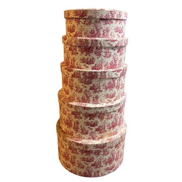 Set Of 5 Round Vintage Hat Boxes Fabric Covered Red Vintage Cap Holders Lot - Picture 1 of 6